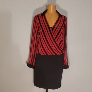Bisou Bisou Red and Black Striped Long-Sleeve Wrap Dress